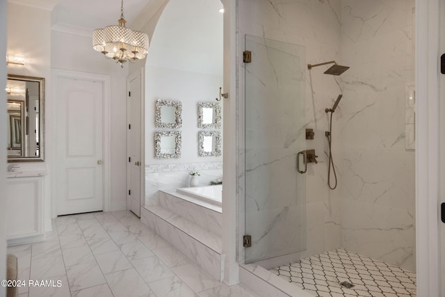 bathroom with tile flooring, a chandelier, crown molding, and plus walk in shower