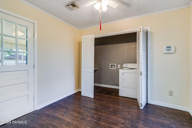 laundry room with ornamental molding, washer / dryer, dark hardwood / wood-style floors, and ceiling fan