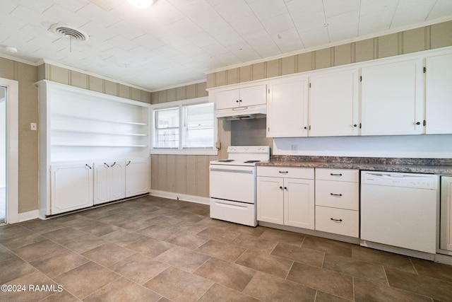 kitchen with white cabinets, white appliances, tile floors, and crown molding