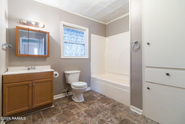 full bathroom featuring vanity with extensive cabinet space, ornamental molding, bathtub / shower combination, tile flooring, and toilet