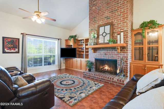 tiled living room with high vaulted ceiling, ceiling fan, and a fireplace