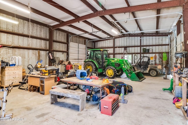 garage with a workshop area