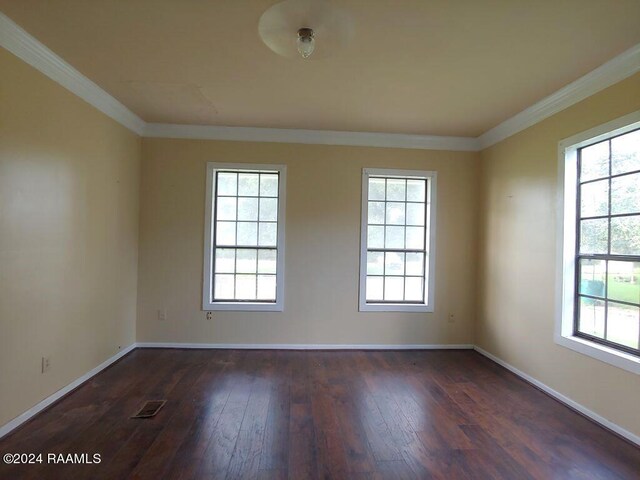 spare room with crown molding and wood-type flooring