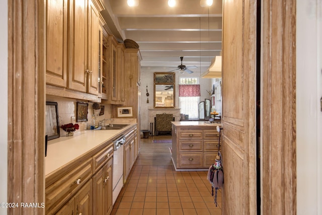 kitchen with ceiling fan, white dishwasher, tasteful backsplash, sink, and tile floors