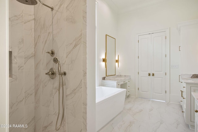 bathroom featuring vanity, crown molding, and separate shower and tub