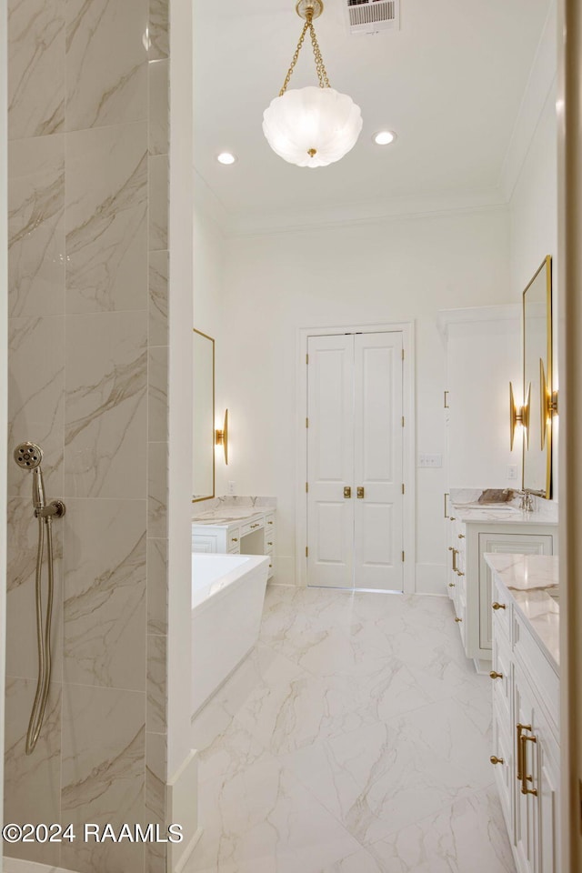 bathroom with vanity, ornamental molding, and shower with separate bathtub