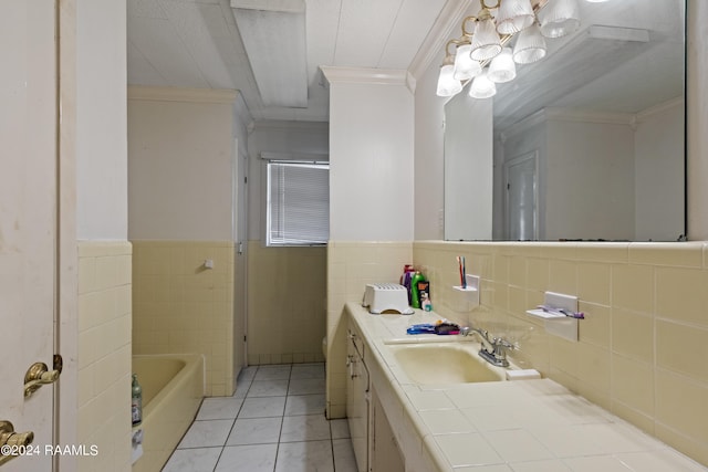 bathroom with tile walls, backsplash, tile floors, crown molding, and vanity