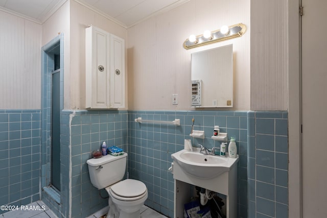 bathroom featuring tile walls, tile floors, walk in shower, and toilet