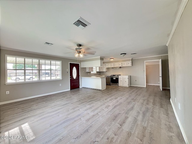 unfurnished living room featuring crown molding, light hardwood / wood-style flooring, ceiling fan, and sink