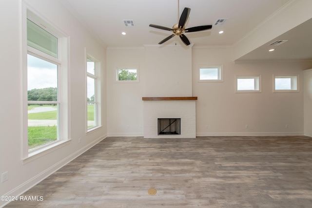 unfurnished living room featuring ornamental molding, plenty of natural light, and a fireplace