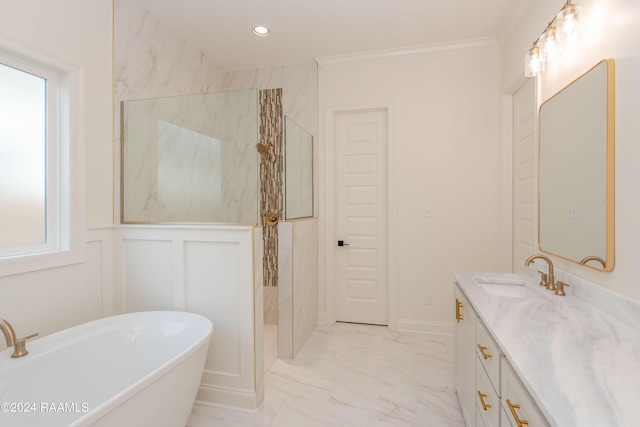 bathroom with vanity, crown molding, and plus walk in shower