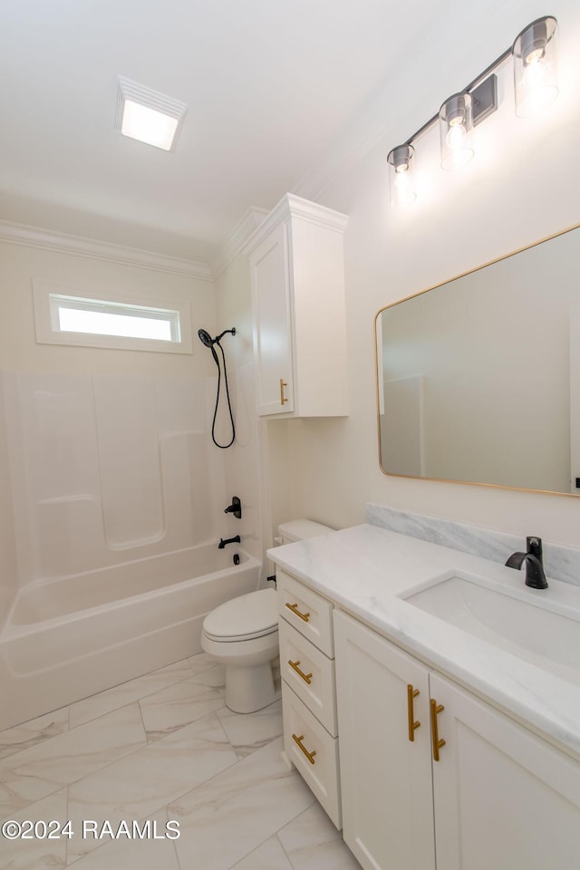 full bathroom with toilet, vanity, and shower / bath combination