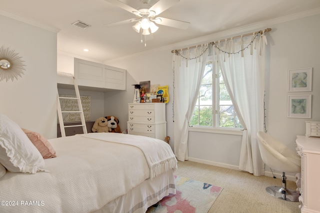 bedroom featuring ceiling fan, light carpet, and ornamental molding