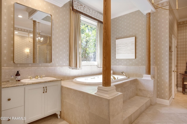 bathroom featuring a relaxing tiled bath, tile flooring, crown molding, and oversized vanity