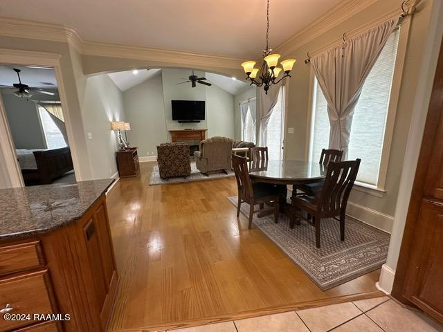 dining space with vaulted ceiling, light hardwood / wood-style flooring, and a wealth of natural light