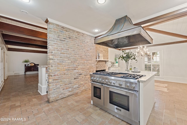 kitchen featuring double oven range, custom range hood, beamed ceiling, and a notable chandelier