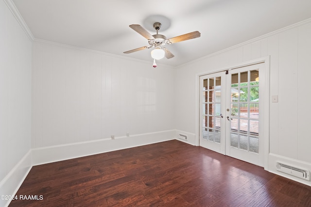 unfurnished room featuring hardwood / wood-style floors, french doors, crown molding, and ceiling fan