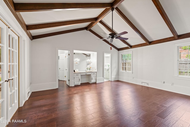 unfurnished living room featuring ceiling fan, beam ceiling, and dark hardwood / wood-style floors