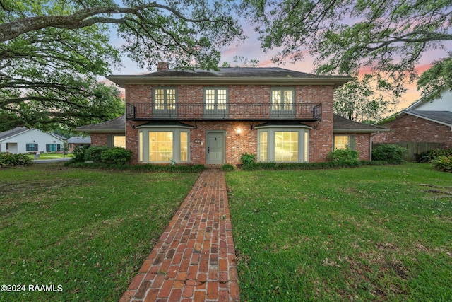 front of property featuring a balcony and a lawn