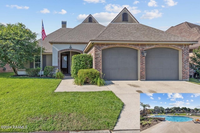 view of front of house featuring a garage and a front lawn