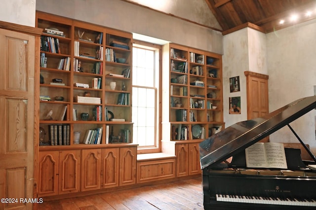 miscellaneous room with lofted ceiling, light wood-type flooring, a wealth of natural light, and wood ceiling