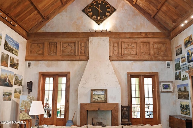 living room featuring wooden ceiling, beamed ceiling, french doors, high vaulted ceiling, and a fireplace