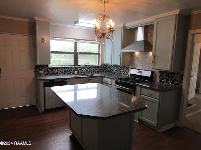 kitchen with stainless steel dishwasher, a kitchen island, range with electric stovetop, wall chimney range hood, and ornamental molding