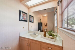 bathroom featuring a skylight and vanity