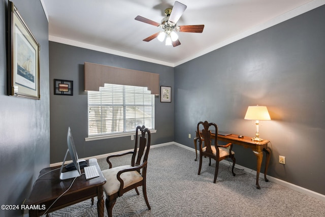 office space with ornamental molding, carpet flooring, and ceiling fan