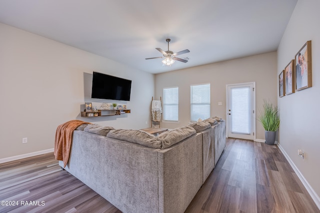 living room with hardwood / wood-style flooring and ceiling fan