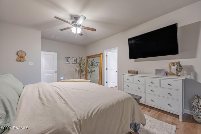 bedroom featuring ceiling fan and light wood-type flooring