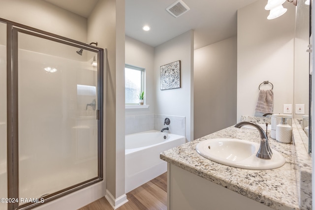 bathroom with wood-type flooring, vanity, and plus walk in shower