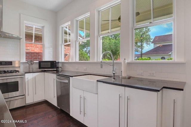 kitchen featuring appliances with stainless steel finishes, white cabinets, tasteful backsplash, wall chimney range hood, and dark hardwood / wood-style floors