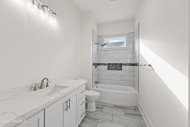 full bath with toilet, marble finish floor, vanity, ornamental molding, and tub / shower combination