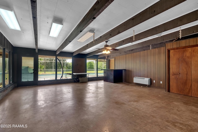617 Cemetery Rd, Saint Martinville, LA 70582 - unfurnished living room featuring beam ceiling, wooden walls, and heating unit