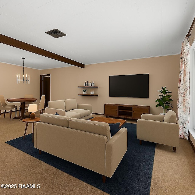 617 Cemetery Rd, Saint Martinville, LA 70582 - carpeted living area featuring a chandelier and beam ceiling