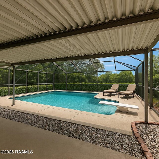 617 Cemetery Rd, Saint Martinville, LA 70582 - outdoor pool with glass enclosure, a patio, and a diving board