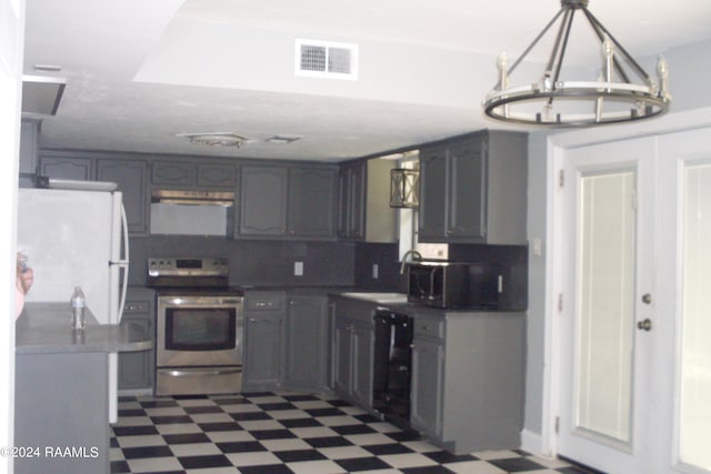 kitchen featuring stainless steel electric stove, exhaust hood, tasteful backsplash, dishwasher, and dark tile floors