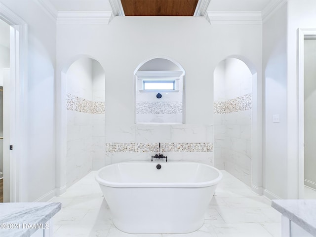 bathroom featuring vanity, ornamental molding, tile walls, and shower with separate bathtub