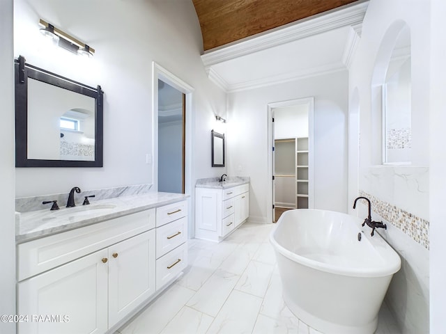 bathroom with crown molding, a washtub, vanity, and tile walls