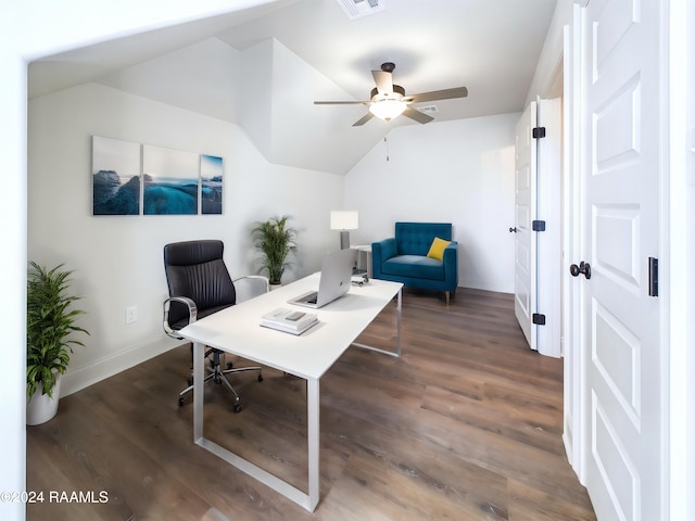 office featuring vaulted ceiling, ceiling fan, and dark hardwood / wood-style floors