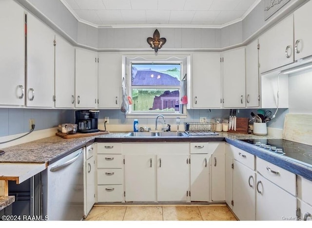 kitchen with stainless steel dishwasher, sink, white cabinetry, and light tile floors