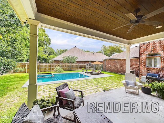 view of pool featuring a lawn, ceiling fan, and a patio