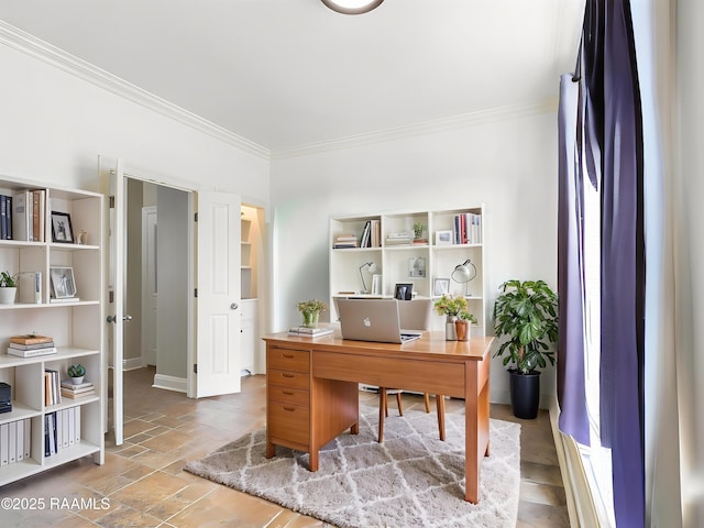 office space with stone finish flooring, baseboards, and ornamental molding