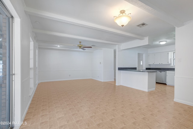 unfurnished living room with ceiling fan, beam ceiling, and light tile floors