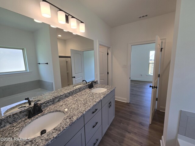 bathroom with a wealth of natural light, vanity, a bathing tub, and hardwood / wood-style flooring