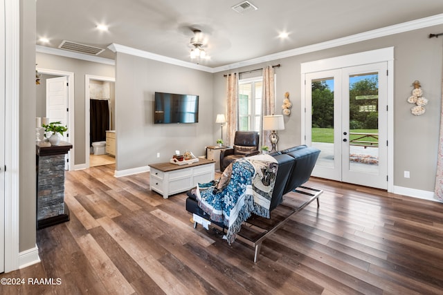 living room featuring crown molding, hardwood / wood-style flooring, ceiling fan, and french doors