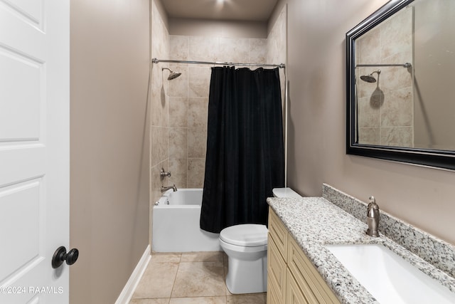 full bathroom featuring tile floors, toilet, shower / bath combo, and vanity