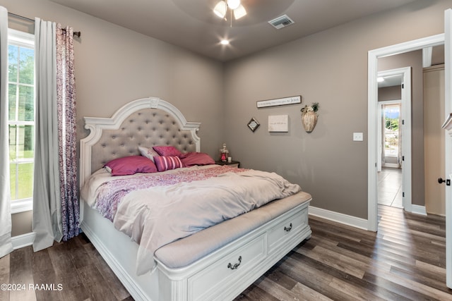 bedroom with dark hardwood / wood-style flooring, ceiling fan, and multiple windows