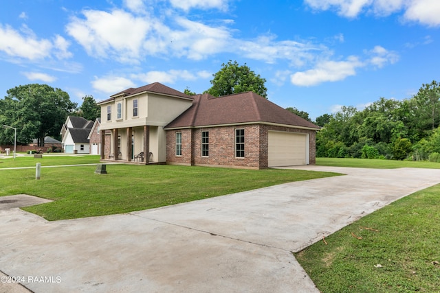 view of home's exterior featuring a garage and a lawn